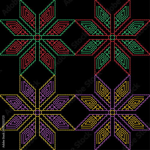 India stitch Kasuti embroidery fabric pattern needle work seamless geometric abstract culture decorative hand drawn tribal asian template printed colorful line artwork black background quilt wallpaper