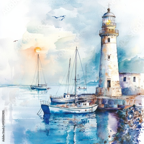 Wallpaper Mural Watercolor painting of a lighthouse near a harbor, with boats anchored in calm waters and the light shining out to sea Torontodigital.ca