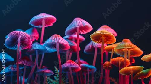 Colorful generative ai collage of bright glossy mushrooms in night magical woods
