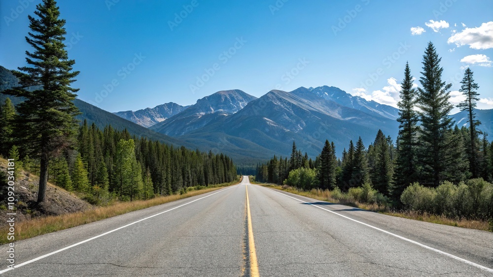 Empty stretch of asphalt road running parallel to a mountain range with a clear blue sky above and pine trees in the foreground, serene atmosphere, natural landscape, peaceful scene Empty stretch of asphalt road running parallel to a mountain range with a clear blue sky above and pine trees in the foreground, serene atmosphere, natural landscape, peaceful scene