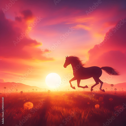 silhouette of a horse run into the sunset with a dramatic sky