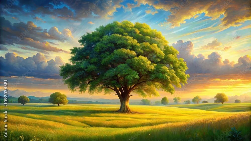 Fototapeta premium Warm summer landscape with a big tree in a field oil painting, nature, landscape, summer, warm, tree, field, green, grass