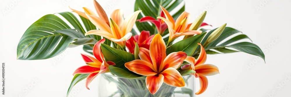 Obraz premium Exotic tropical flowers in a modern glass container, modern interior design, greenery, container gardening
