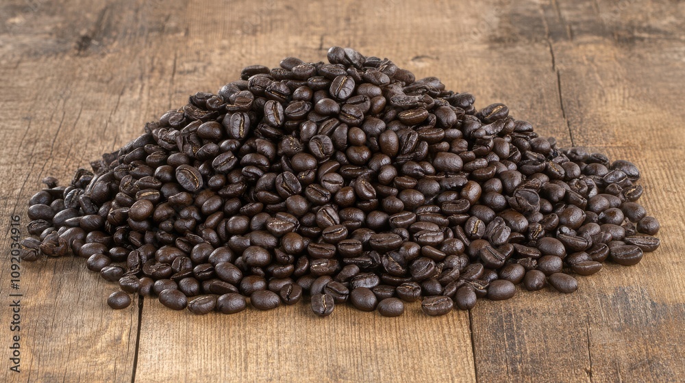 Fototapeta premium Freshly Roasted Coffee Beans Piled on Rustic Wooden Table with Natural Grain and Texture, Perfect for Coffee Lovers and Food Photography Needs