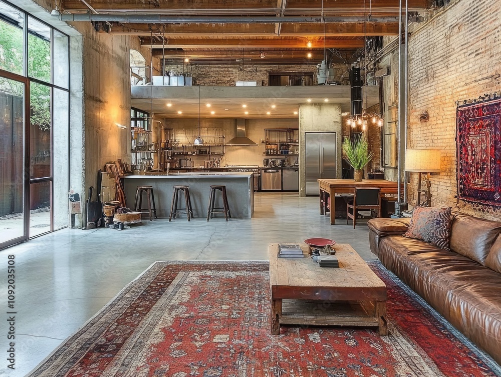 Fototapeta premium Loft Apartment Features Industrial Design Kitchen and Living Area