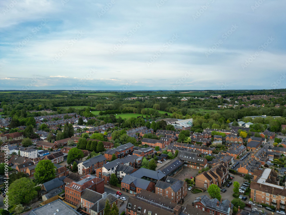 Obraz premium High Angle View of British Historical City of Winchester Central During Sunset, England United Kingdom, Aerial Footage Was Captured with Drone's Camera From Medium High Altitude on May 17th, 2024