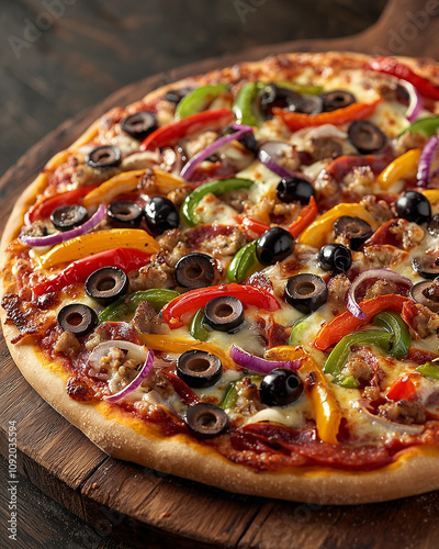 wood-fired veggie pizza loaded with colorful bell peppers, olives, and onions on a rustic board