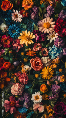 Colorful top down view of 100 flowers in full bloom, blending various species and colors harmoniously, creating vibrant