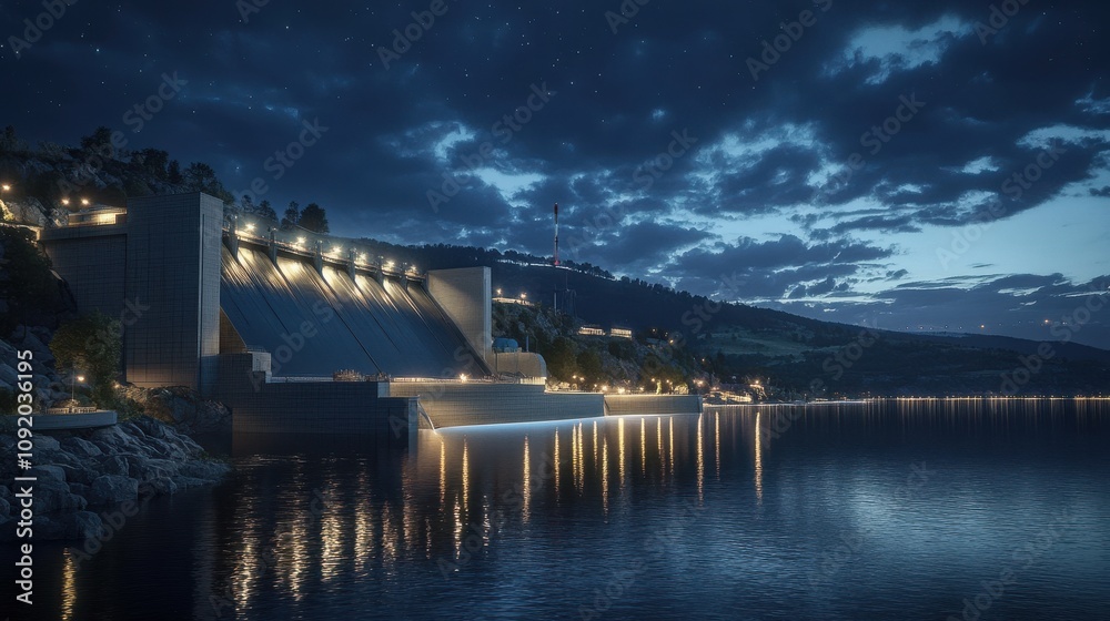 Fototapeta premium Stunning Nighttime View of a Modern Dam with Vibrant Reflections on Water Surrounded by Scenic Landscape under Starry Sky