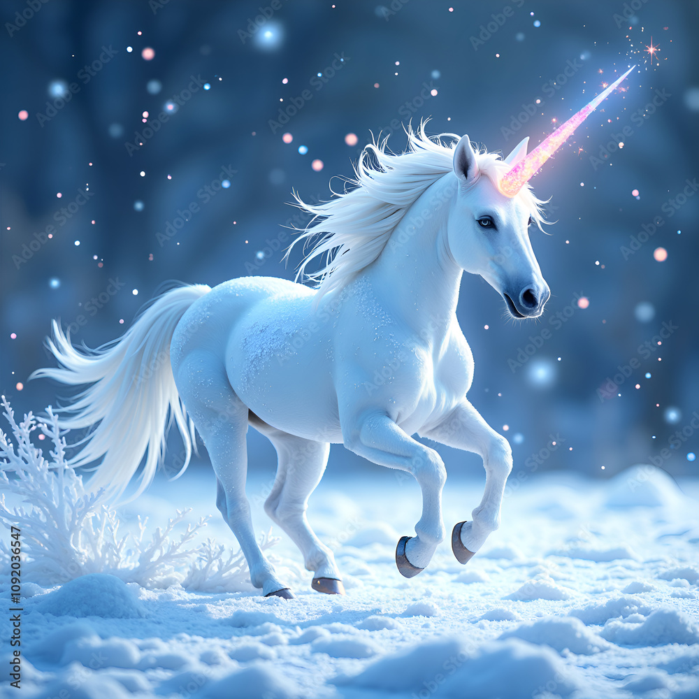 Fototapeta premium A magical white unicorn gallops through a sparkling snowy landscape under a starry sky, digital painting of fantasy concept.