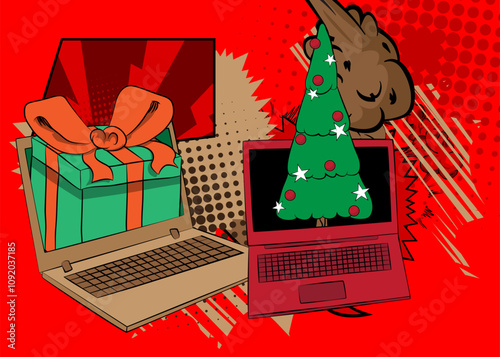 Cartoon Laptop, comic book Notebook with Gift Box and Christmas decorated pine tree. Retro vector comics pop art design.