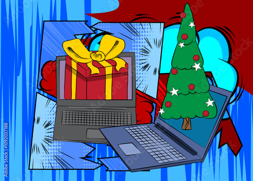 Cartoon Laptop, comic book Notebook with Gift Box and Christmas decorated pine tree. Retro vector comics pop art design.