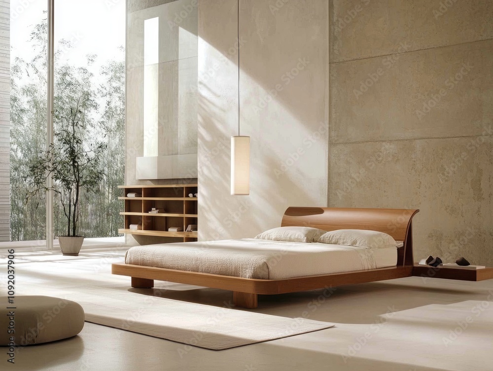 Fototapeta premium Modern Minimalist Bedroom Design With Wooden Bed