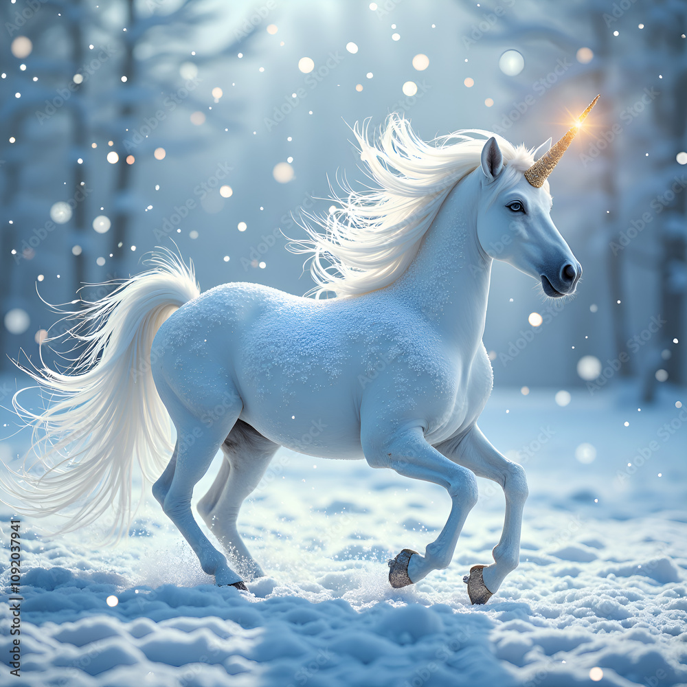 Fototapeta premium A majestic white unicorn galloping through a snowy forest with sparkling snowflakes, digital art of fantasy creature concept.
