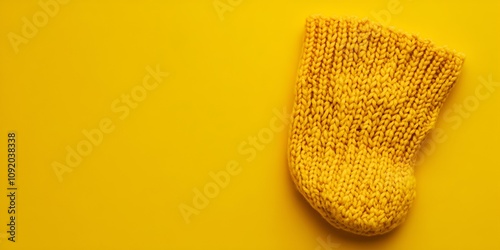 An isolated chunky knit sock positioned on the right side, surrounded by a wide yellow backdrop with space for text.