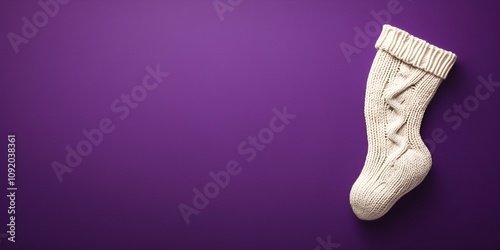 A cozy cable knit stocking situated to the right, set against a panoramic purple background with ample copy space for text.