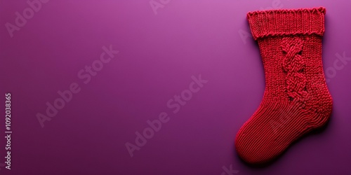 A classic cable knit stocking positioned on the right side, set against a panoramic purple backdrop for ample copy space.