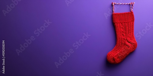 A traditional cable knit stocking placed on the right side, isolated on a panoramic purple background with spacious room for text.
