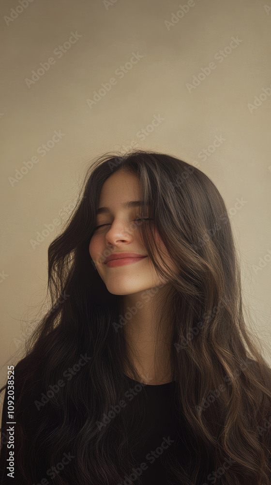 Fototapeta premium Young woman with long, radiant hair smiles joyfully against soft beige background, showcasing contemporary hairdressing style