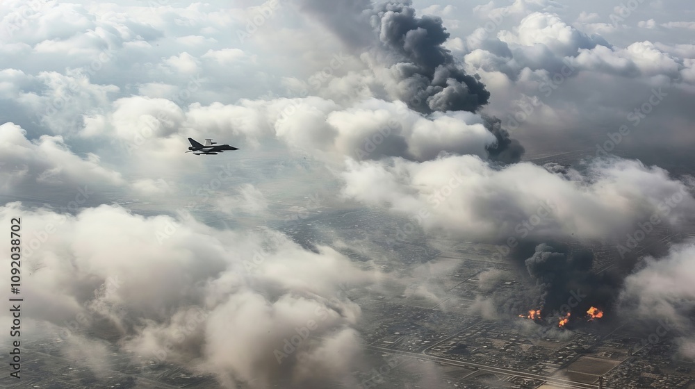 Obraz premium Aerial view of military aircraft dropping bombs over a city, with smoke and fire rising from the target area, capturing the intense and impactful moment of the strike. 