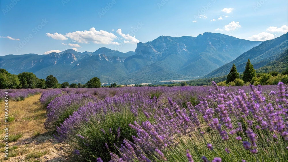 Fototapeta premium Lavender blooms in full bloom against a backdrop of towering mountains and a bright blue sky with not a cloud in sight, mountain scenery, lavender fields