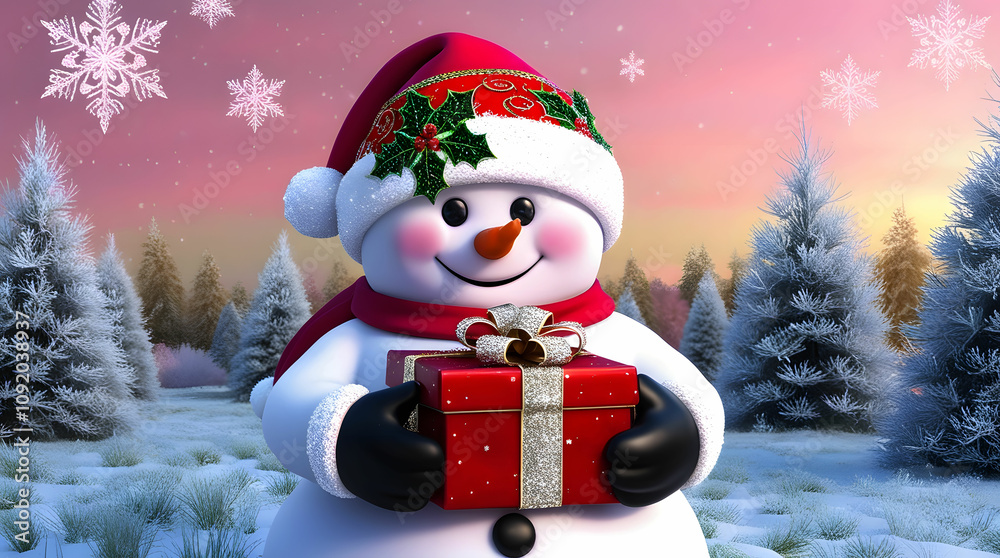 Obraz premium Cheerful snowman with a red hat and scarf standing in a snowy landscape with gift box
