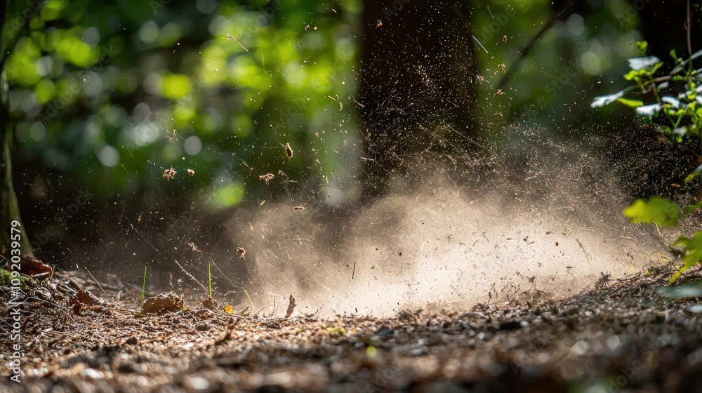 Fototapeta premium Dust rising on a forest path during summer
