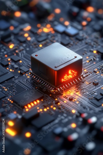 Close-up of a glowing microchip on a circuit board. photo