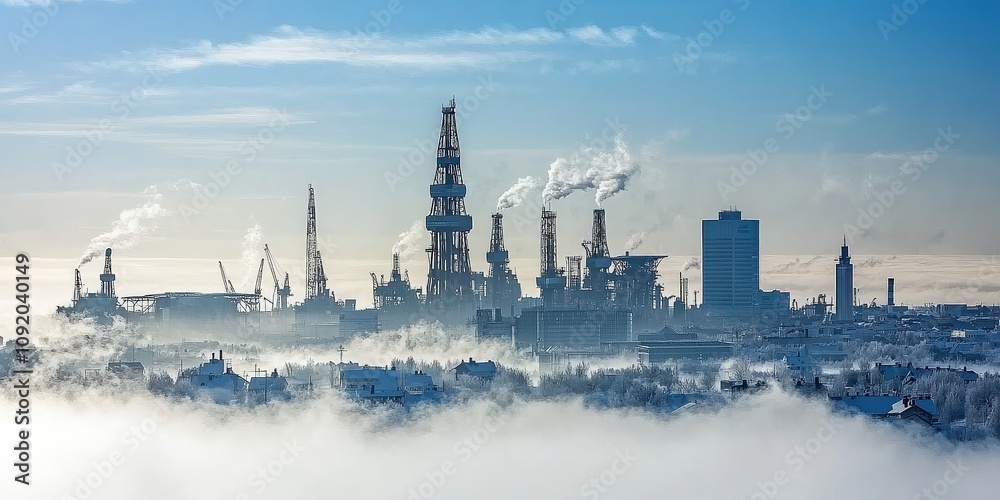 Naklejka premium Industrial refinery complex in foggy urban skyline with smokestacks, pollution, and cityscape under a blue sky illustrating environmental impact and industry