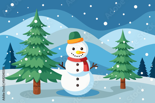 Cute snowman under a pine tree on beautiful christ mas vector illustration