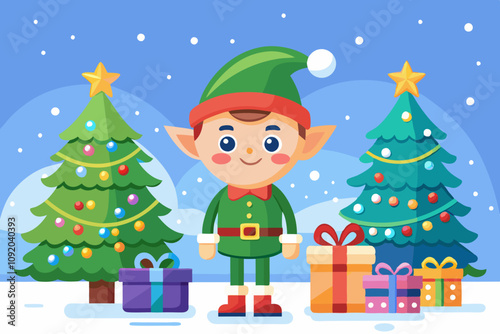 Cute snowman under a pine tree on beautiful christ mas vector illustration