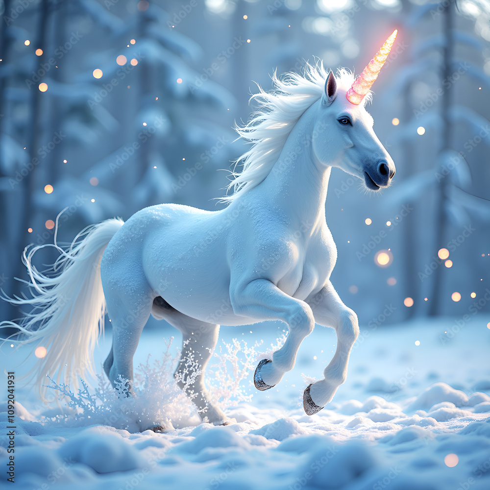Naklejka premium Majestic snowy unicorn galloping through a dreamlike winter wonderland with glimmering snowflakes, digital art of fantasy concept.