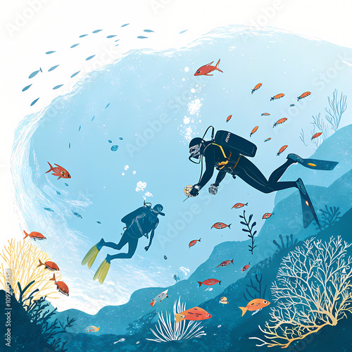 This illustration depicts two scuba divers exploring a vibrant coral reef, capturing the beauty and wonder of underwater exploration.