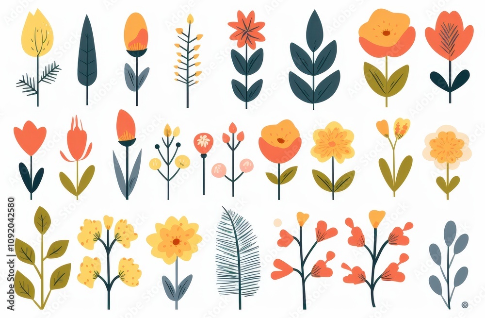 Obraz premium Collection of stylized floral illustrations in warm colors