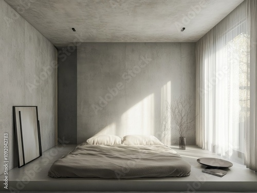 Minimalist Bedroom Design With Concrete Walls And Platform Bed photo