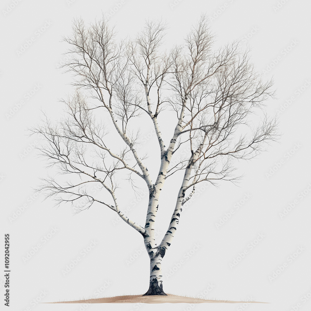 Obraz premium A solitary winter birch tree with bare branches displayed against a minimalist background, showcasing intricate bark patterns and natural beauty in a serene setting.
