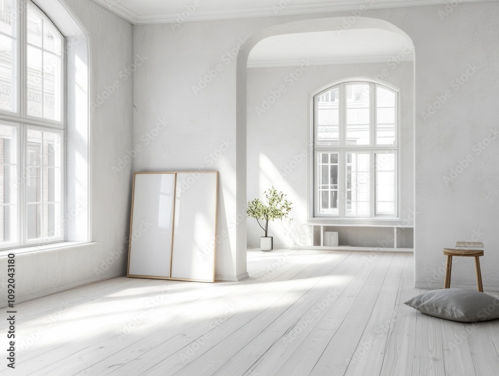 Fototapeta premium Bright Minimalist Room With Large Windows and Blank Frame