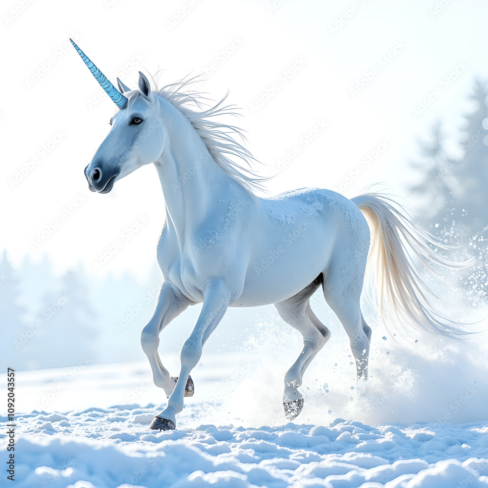 Fototapeta premium Majestic white unicorn galloping through sparkling snowy landscape in ethereal winter light, digital art of fantasy creature concept.