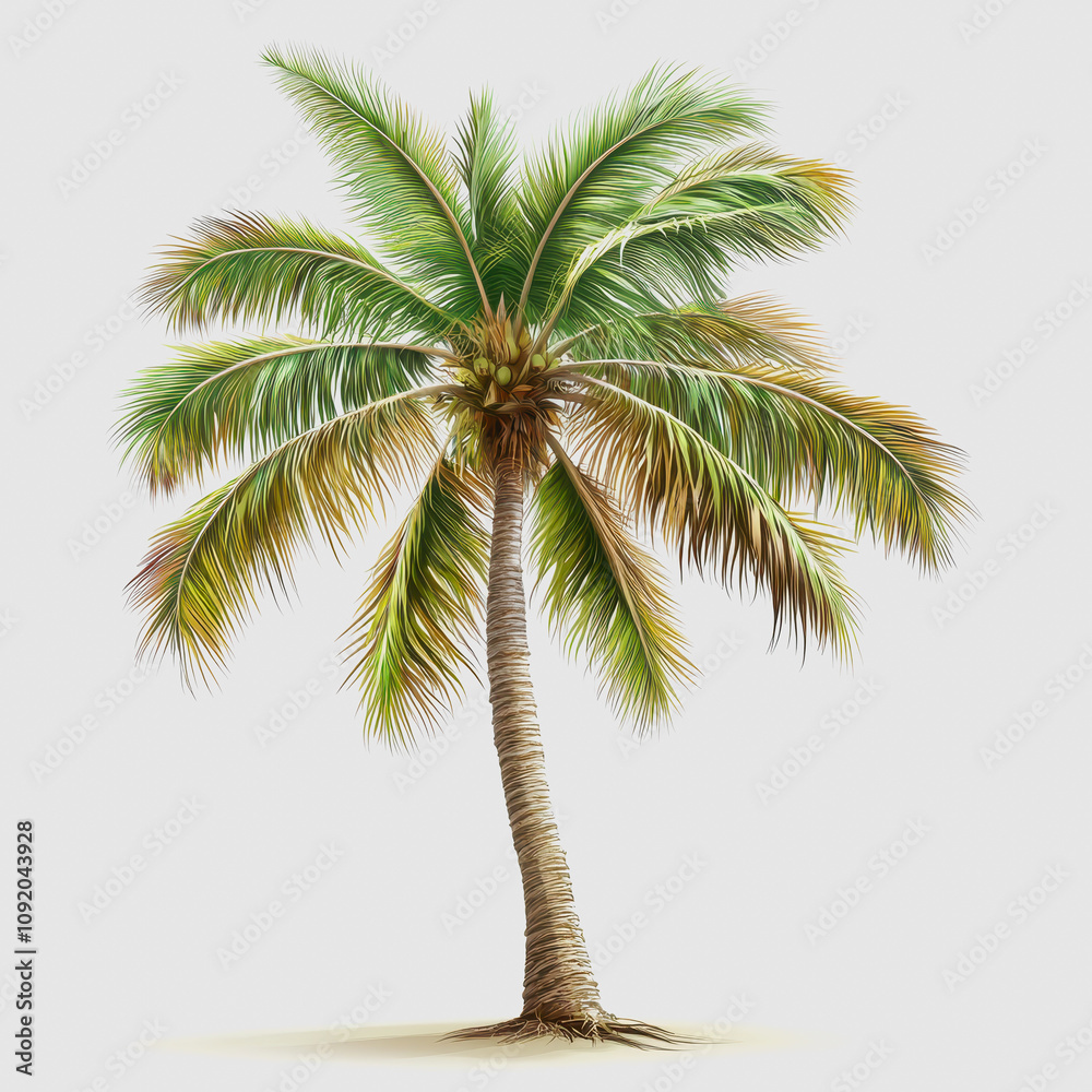 Obraz premium Lush Tropical Palm Tree with Vibrant Green Fronds and Textured Trunk Set Against a Subtle Gray Background for Summer and Vacation Themes
