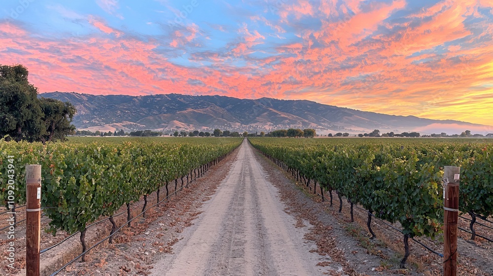 Fototapeta premium A serene vineyard path leading towards a colorful sunset backdrop.