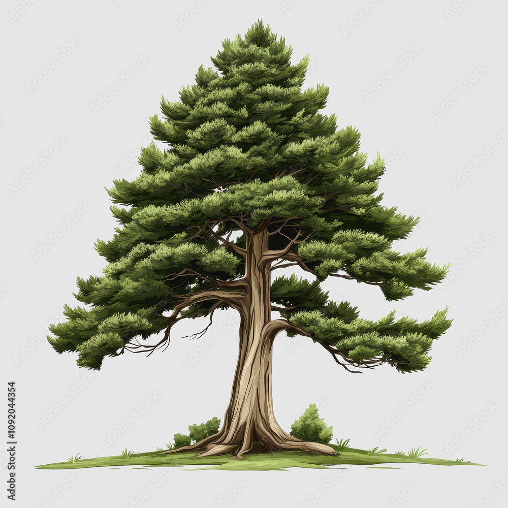 Fototapeta premium Detailed Illustration of a Majestic Evergreen Tree with Lush Green Foliage and Sturdy Trunk, Set Against a Neutral Background for Nature and Botanical Themes