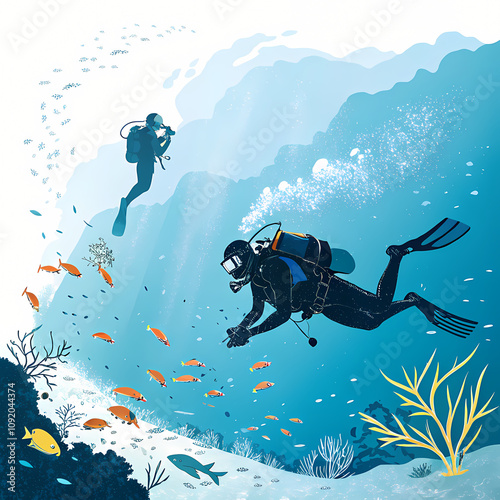 This illustration depicts two scuba divers exploring a vibrant coral reef, capturing the beauty and wonder of underwater exploration.