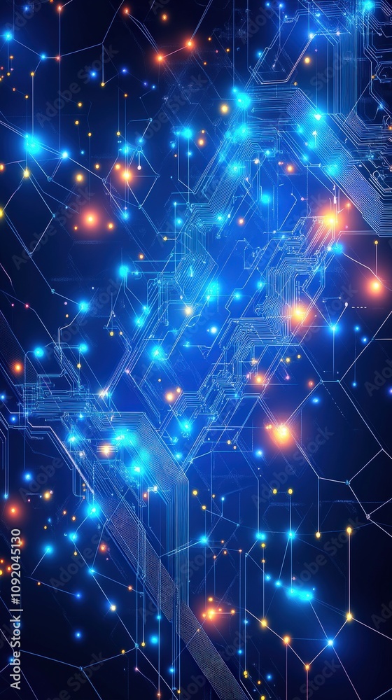 Obraz premium Futuristic Digital Circuit Board with Blue and Orange Illuminated Lights on a Dark Background Illustrating Advanced Technology and Network Connections