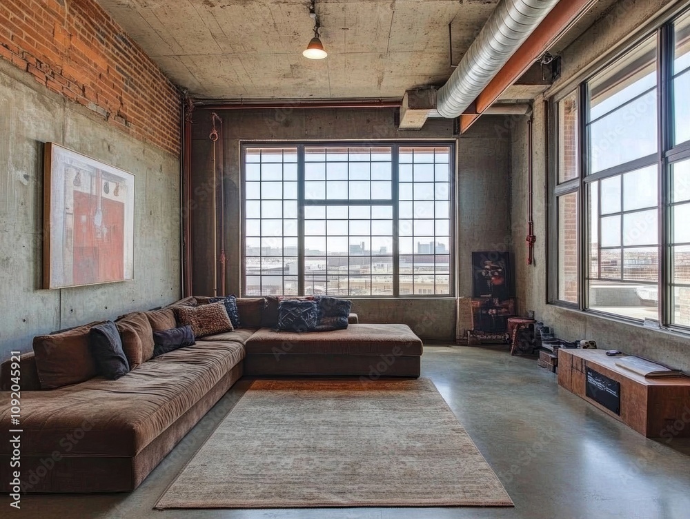 Fototapeta premium Modern Loft Apartment With Exposed Brick And Large Windows