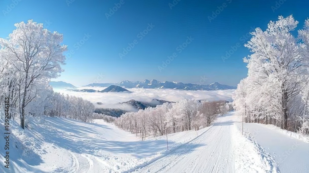 Obraz premium A serene winter landscape with snow-covered trees and mountains under a clear sky.