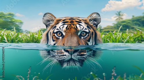 Tigers are lurking in the water with sharp eyes