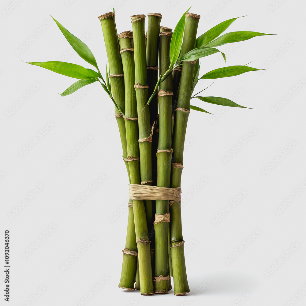 Fototapeta premium Fresh Green Bamboo Sticks Tied Together with Natural Twine against a Neutral Background, Perfect for Eco-Friendly and Natural Design Themes
