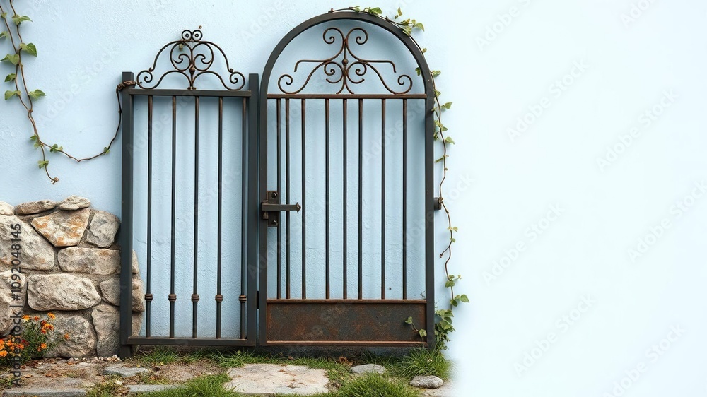 Obraz premium Vintage metal gate leaning against a weathered stone wall on a light blue background with a few vines and wildflowers, vines, vintage metal gate