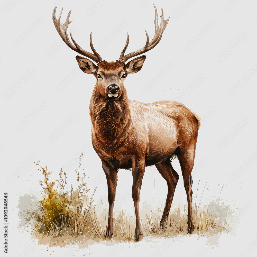 Fototapeta premium Majestic Stag with Impressive Antlers Standing in Natural Habitat Surrounded by Grass and Foliage, Capturing the Beauty of Wildlife and Nature