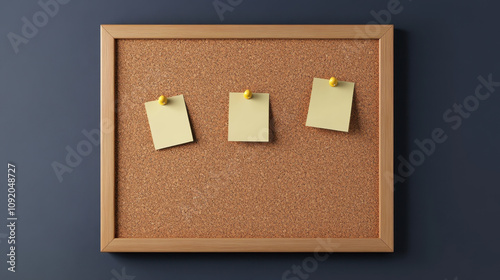 Cork pinboard with three yellow sticky notes attached, perfect for organization and reminders. Ideal for home or office use, adding touch of functionality and style